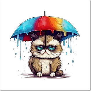 Cute anime kitty with a rainbow umbrella Posters and Art